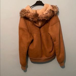 Suede Sherpa lined jacket with fur lined hood